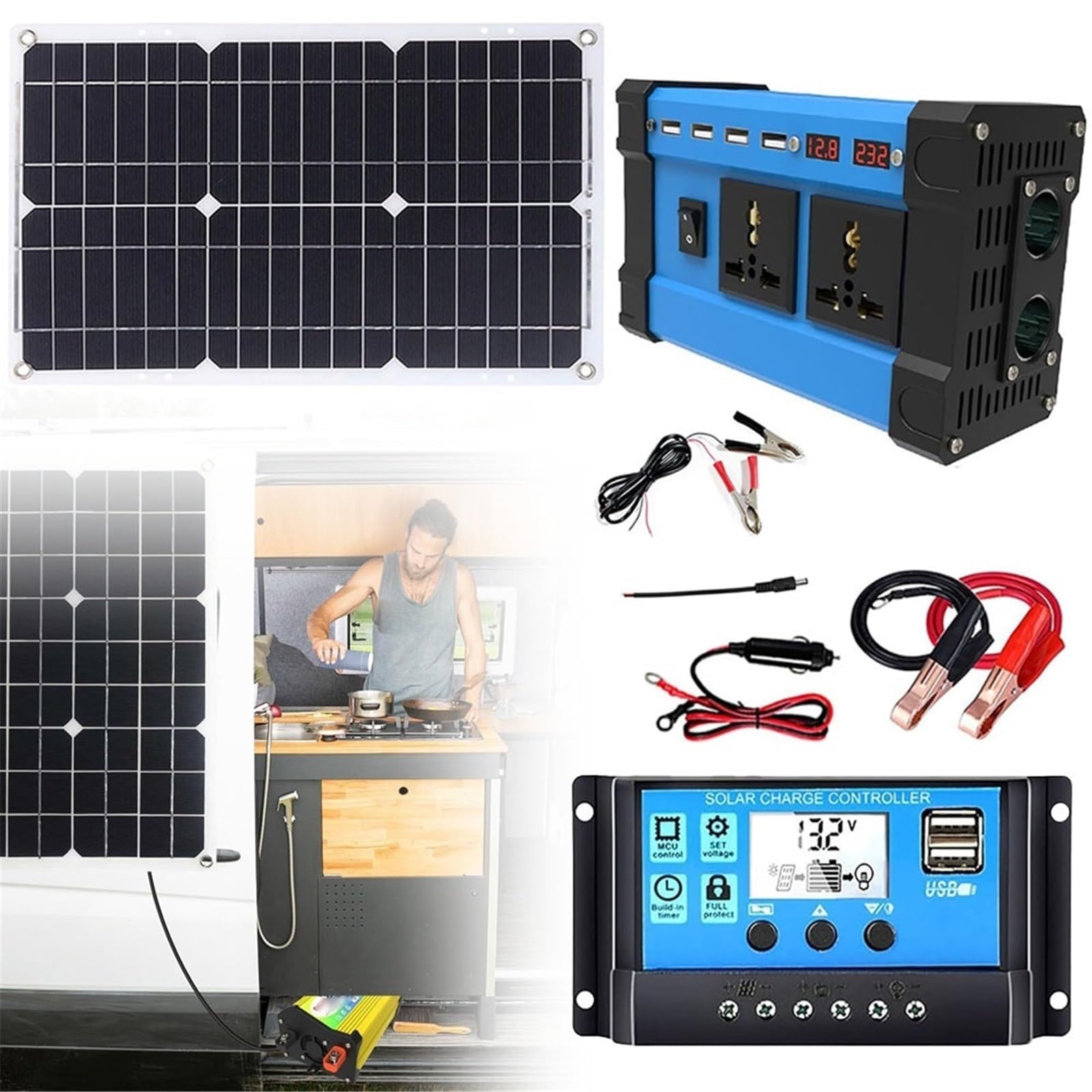 Kit pannello solare completo, system di pannelli solari | Controller 30a+Inverter 500w+Pannello 18w, 4 porte USB, doppia presa universale, doppio display digitale LCD