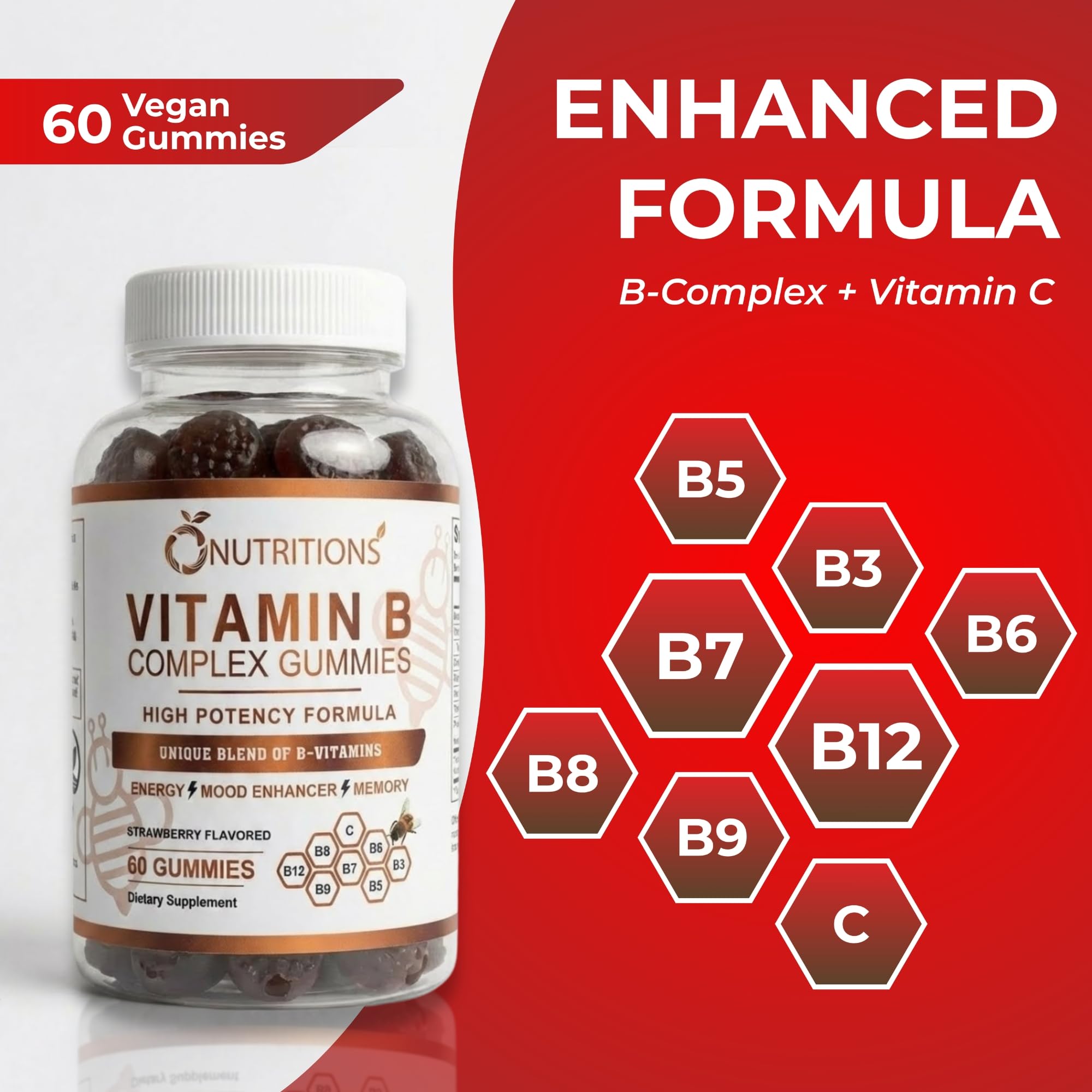 O NUTRITIONS Vitamin B Complex Vegan Gummies with Vitamin B12, B7 as Biotin, B6, B3 as Niacin, B5, B6, B8, B9 as Folate for Stress, Energy and Healthy Immune System (1 Pack)