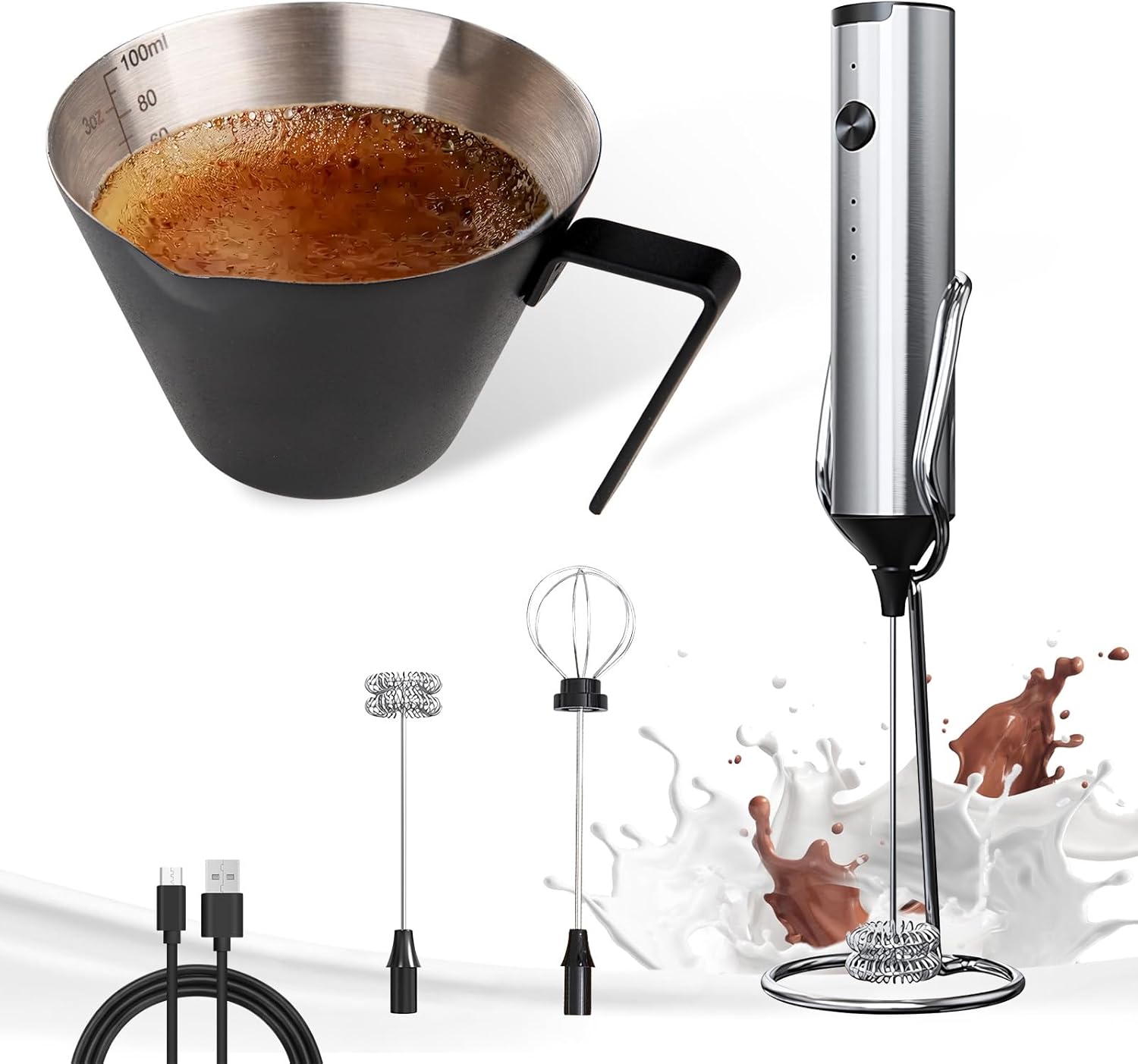 YARRAMATE 100ml Metal Measuring Cup (Black) & Silver Powerful Milk Frother Wand with Stand