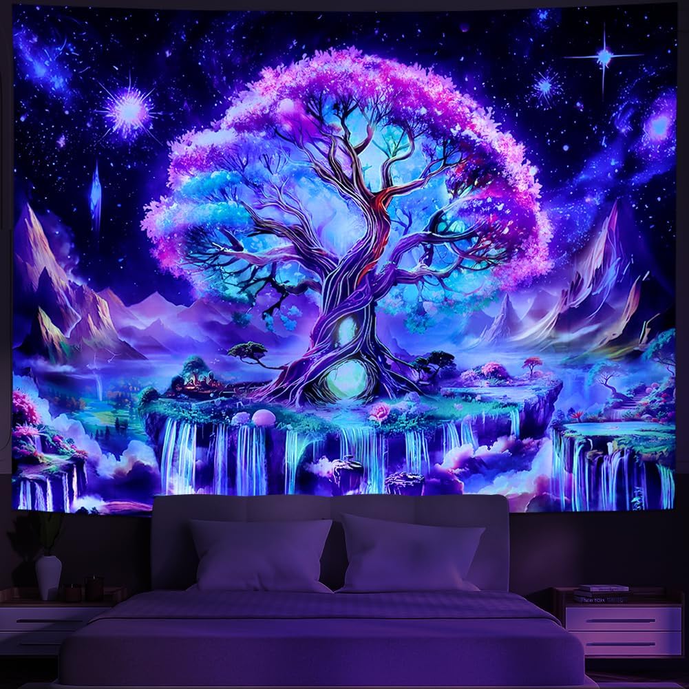 Huzuya Tree of Life Tapestry Blacklight Aesthetic Tree Tapestry UV Reactive Galaxy Space Tapestries Fantasy Waterfall Wall Tapestries Colorful Starry Sky Wall Hanging Decor for Home