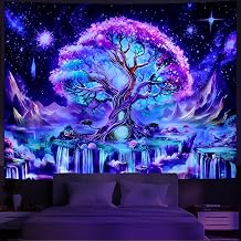Huzuya Tree of Life Tapestry Blacklight Aesthetic Tree Tapestry UV Reactive Galaxy Space Tapestries Fantasy Waterfall Wall Tapestries Colorful Starry Sky Wall Hanging Decor for Home