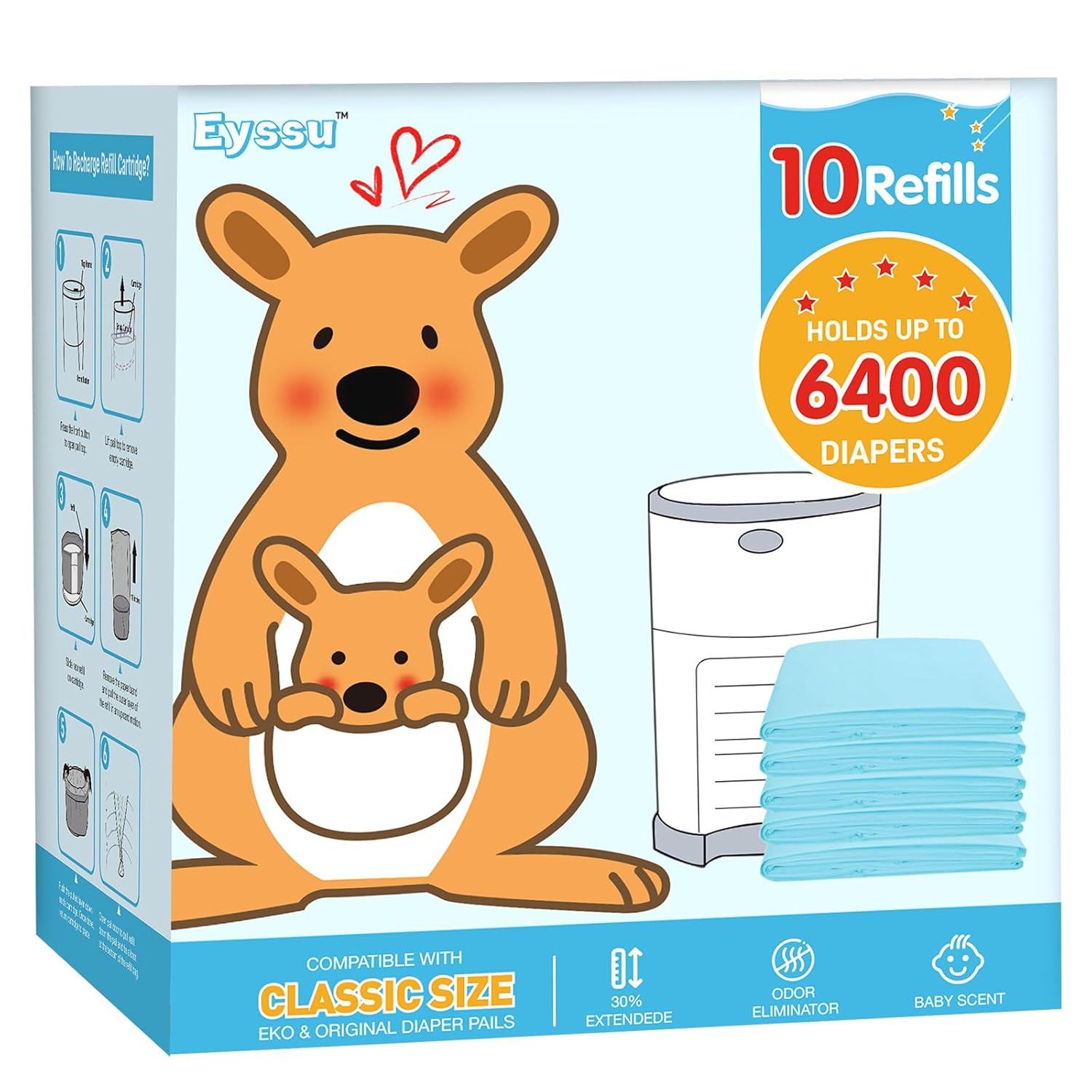 10 Pack Diaper Pail Refill Bags Compatible with Dekor Classic Diaper Pail, 40% Extra Length Refills Holds up to 6400 Diapers, Thickened Multi-layer Odor Control Diaper Bags (Baby Scent)