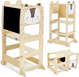 Labebe Turn de învățare Montessori pentru copii - Turn ajutător de bucătărie pliabil din lemn, de la 1 an, cu tablă de scris, funcție 3 în 1, sarcină maximă 50 kg