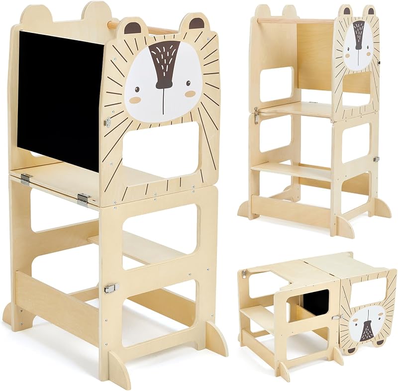 labebe Montessori Tanulótorony Gyerekeknek - Összecsukható Fa Konyhai Segítő Állvány 1 Éves Kortól, Táblával, 3 az 1-ben Funkció, 50 kg Tehe