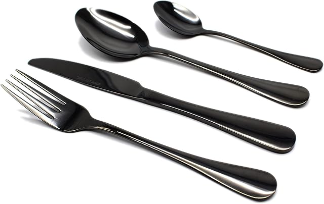 BLUE JAR HOME Stainless Steel Cutlery Set, 16Piece Modern Flatware Silverware Set with Knife/Fork/Spoon/Teaspoon, Service for 4, Mirror Polish, Dishwasher Safe Black
