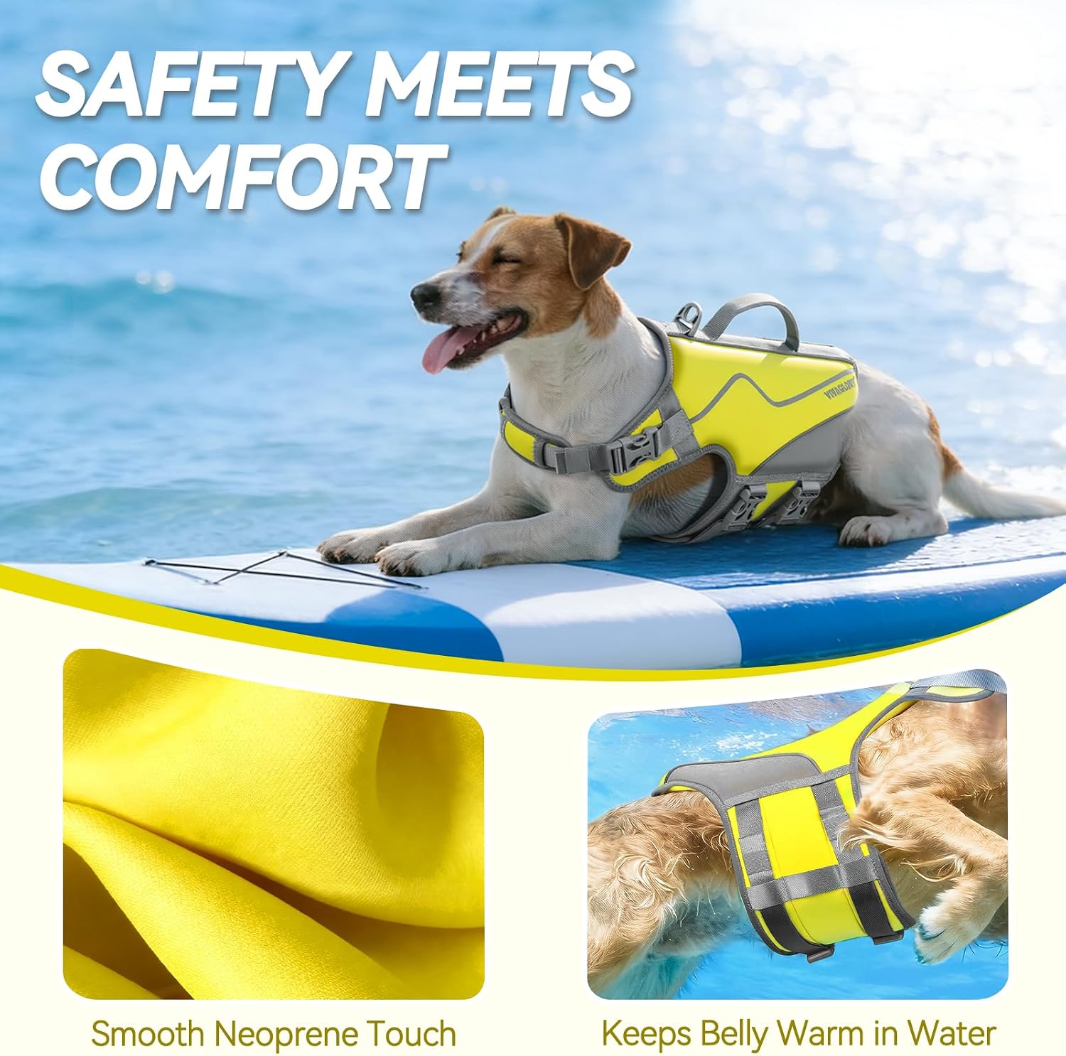  Dog Life Vest Neoprene Dog Swim Vest, XS, Alpha Yellow | High Visibility Adjustable for Doggy Cat Puppy, Lifejacket with Leash Ring & Handle for Swimming & Boating thumbnail