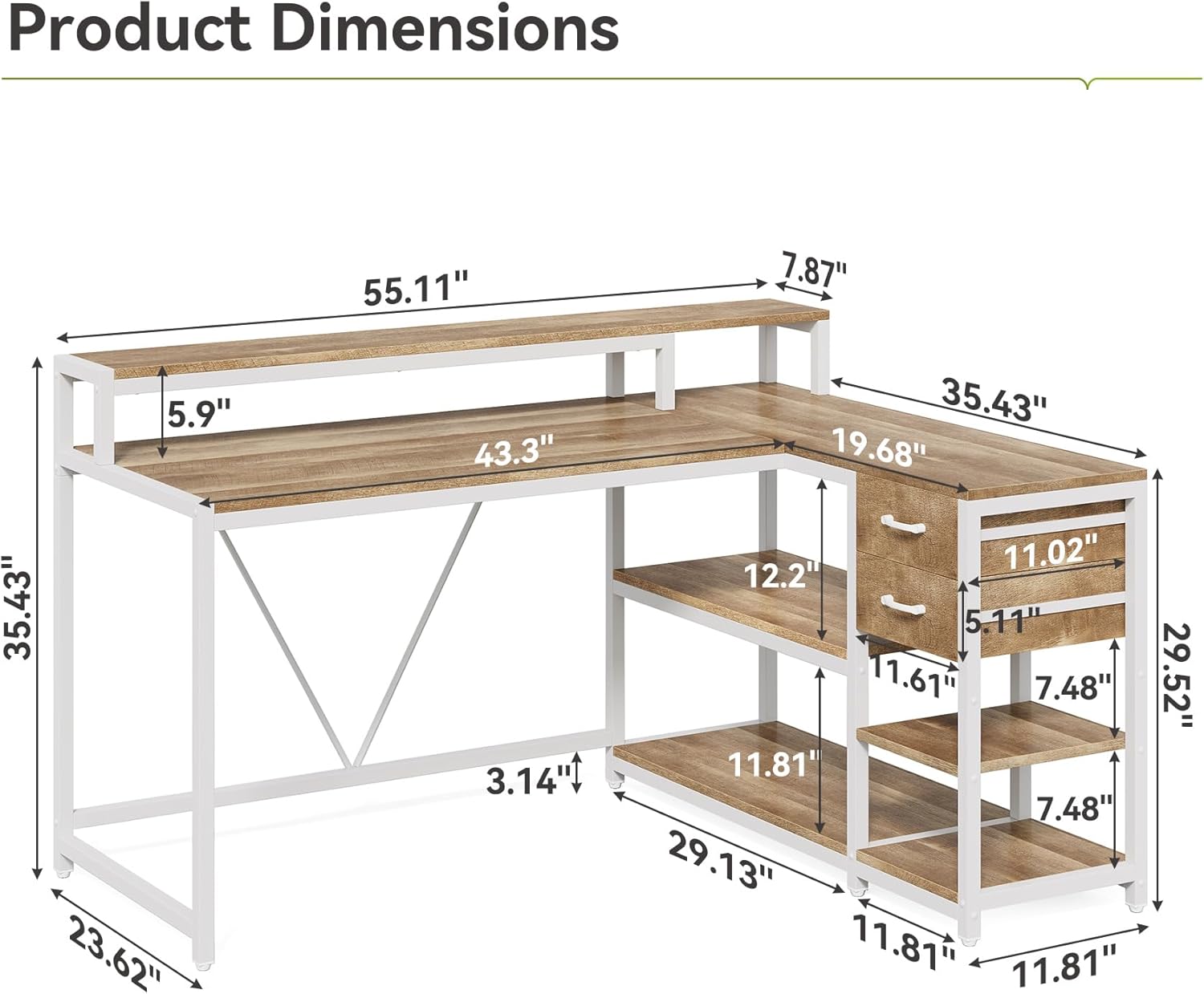 LITTLE TREE 55-Inch L-Shaped Computer Desk, Reversible Computer Desk with Drawers and Storage Shelves, Corner Desk Gaming Desk Work Desk for Home Office, Walnut