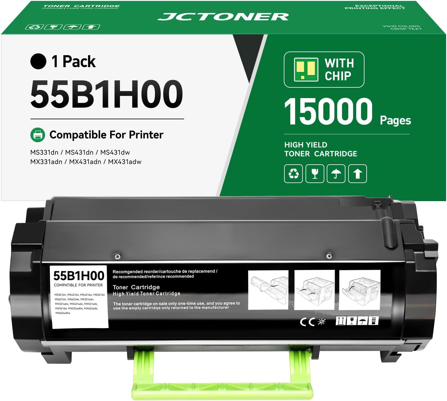 55B1H00 Toner Cartridge Black High Yield with Chip 15,000 Page-Yield Replacement for Lexmark MS331dn MS431dn MS431dw MX331adn MX431adw MX431adn MX432adwe MS331 MS431 MX331 MX431 Laser Printer 55b1000