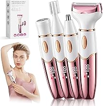 4 in 1 Electric Lady Shaver for Women, Bikini Trimmer for Body, Legs, Pubic Hair and Face, Painless Electric Razor IPX7 Waterproof, Rechargeable & Cordless, Portable for Wet and Dry Use, Pink