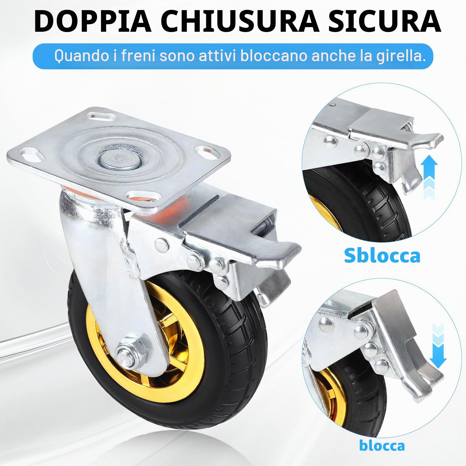 SWAWIS 4 Pezzi Ruote per Carichi Pesanti 150mm Ruote Rotazione 360° Pivontanti per Mobili con Freno fino a 240 kg per Ruota per Carichi Pesanti Spostamento e Trasporto Industrial