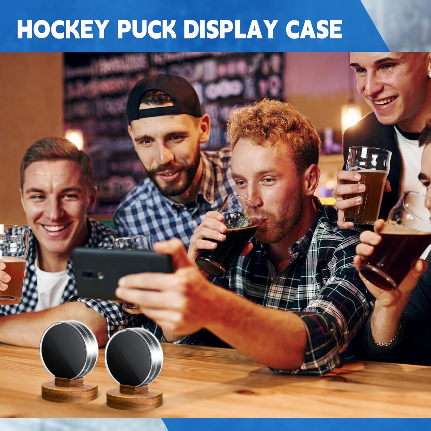 Soaoo Hockey Puck Display Case, Acrylic Clear Puck Holder with Acacia Wood Base, Signed Collector's Showcase, Autographed Souvenir Memorabilia for Hockey Enthusiasts Collection