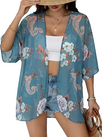 Chunoy Women Floral Beach Wear Cover Up Chiffon Kimono Cardigan Open Front Blouse Beach Resort Wear for Swimwear 2026
