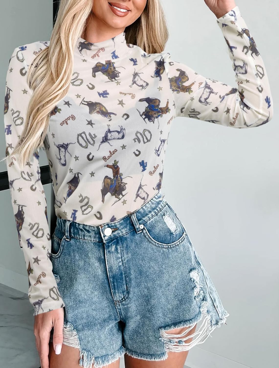 Western Mesh Top Women See Through Cowboy Shirt Mock Neck Country Concert Outfits Layering Sheer Long Sleeve Tops - Image 6