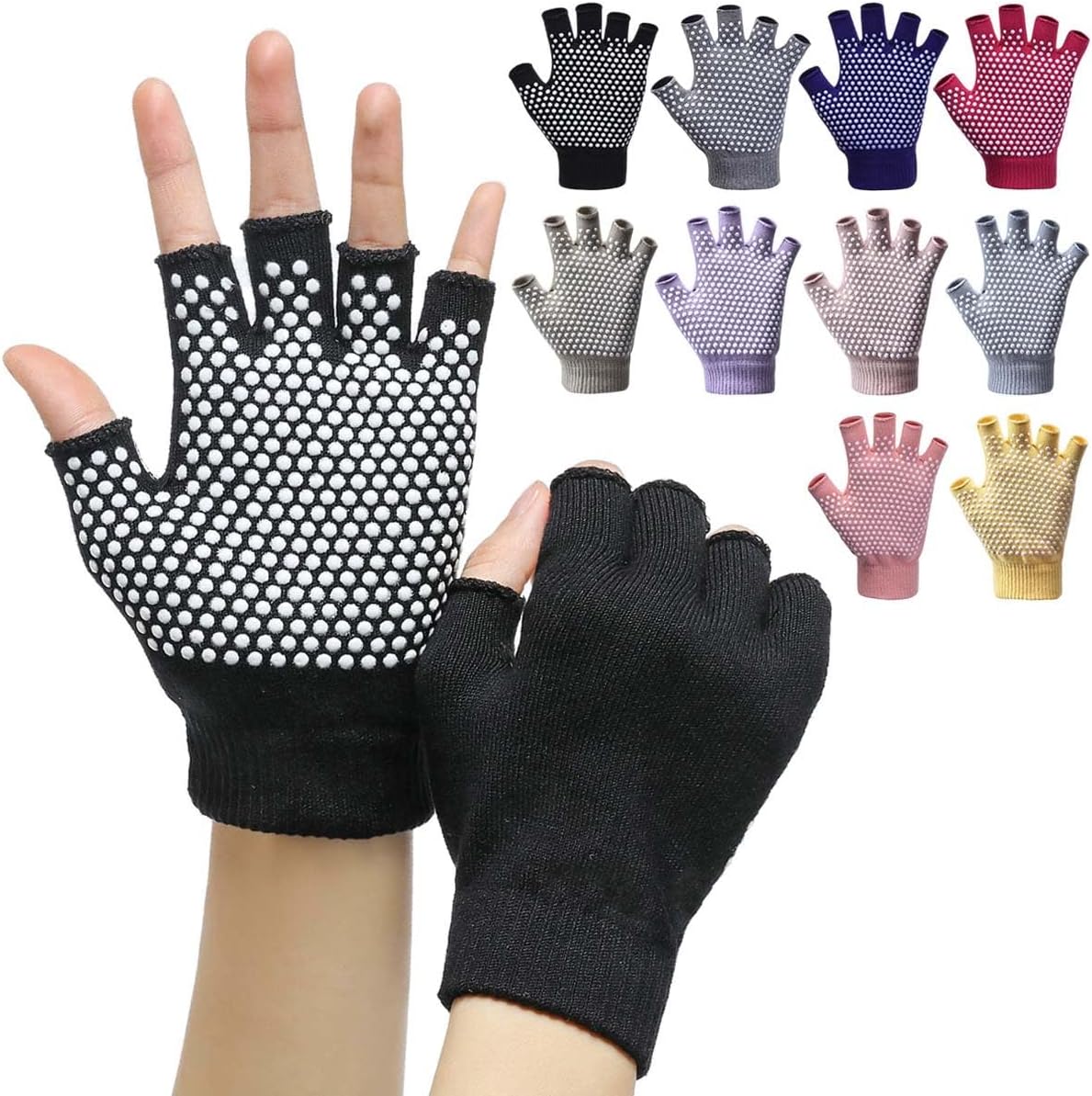 Non-Slip Yoga Gloves for Women & Men, Half-Finger Cotton Pilates Barre Gloves with Silicone Grips for Home Workout & Fitness, Multi-Color image 2
