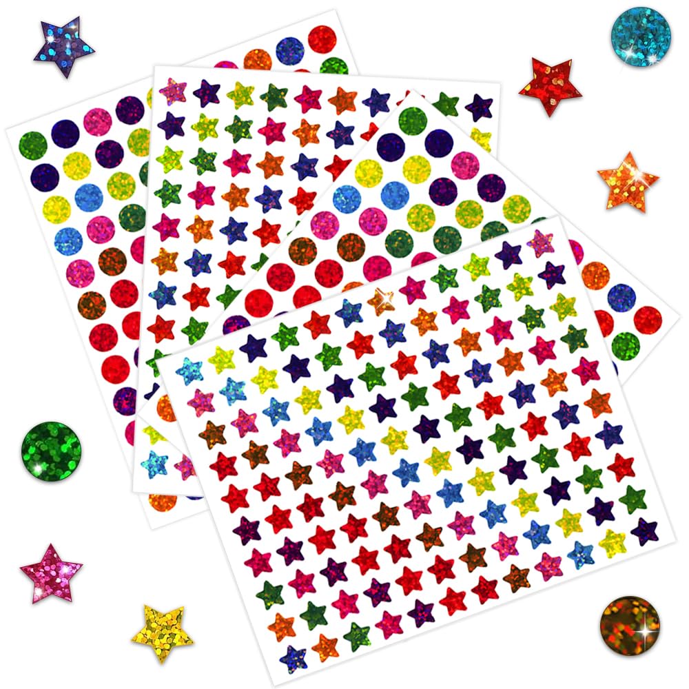 Mnucyipiu Multicolor 2400 Pcs Dot And Star Stickers Colorful Foil Reward Sticker Holographic Round Glitter Sparkly Stickers For Reward Chart Kids Children Students Teachers Classroom Office Art Supplies