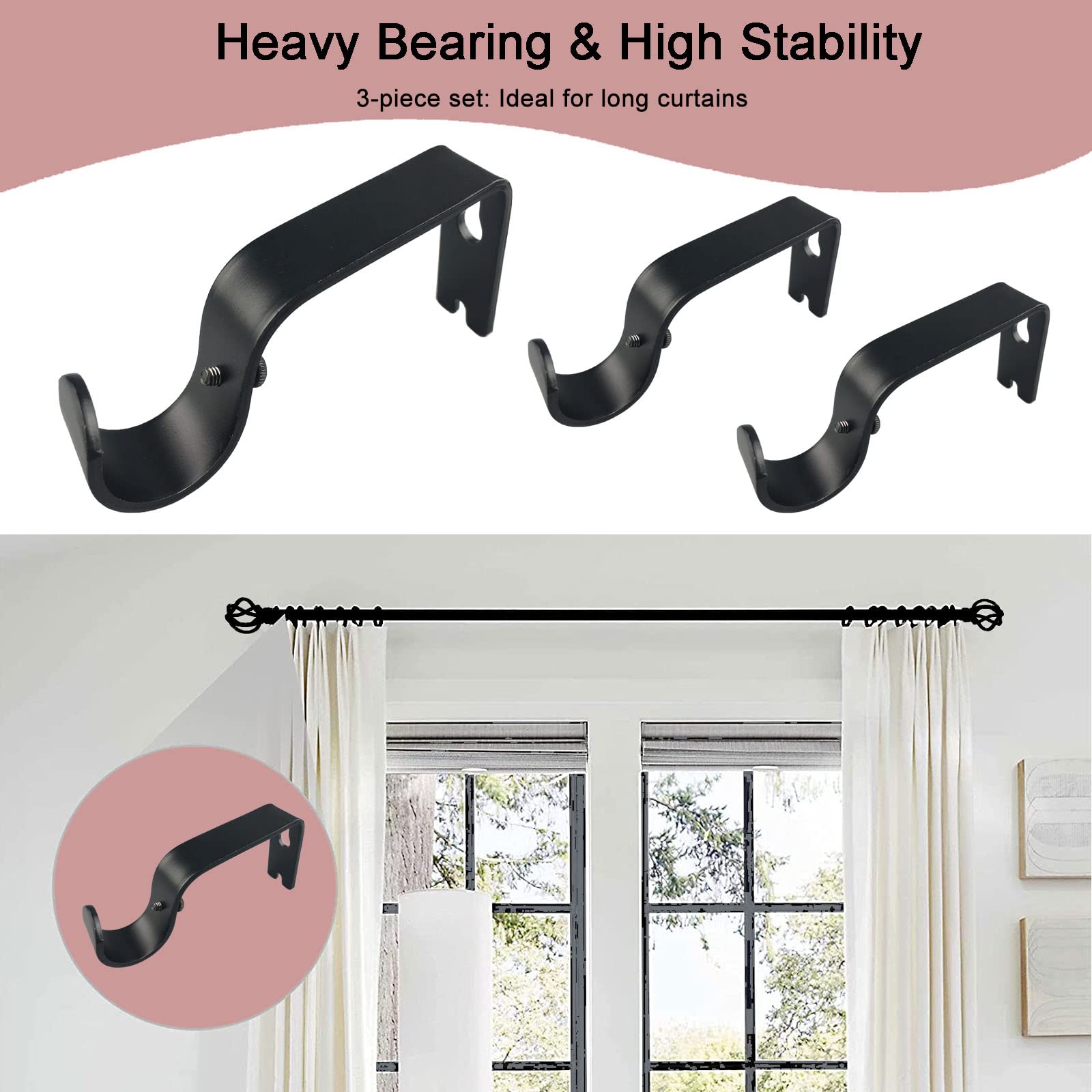 Kowibcl Curtain Rod Brackets - 6 Pcs Holders for 1 Inch Rod, Wall Hooks for Living Room & Bedroom, Black