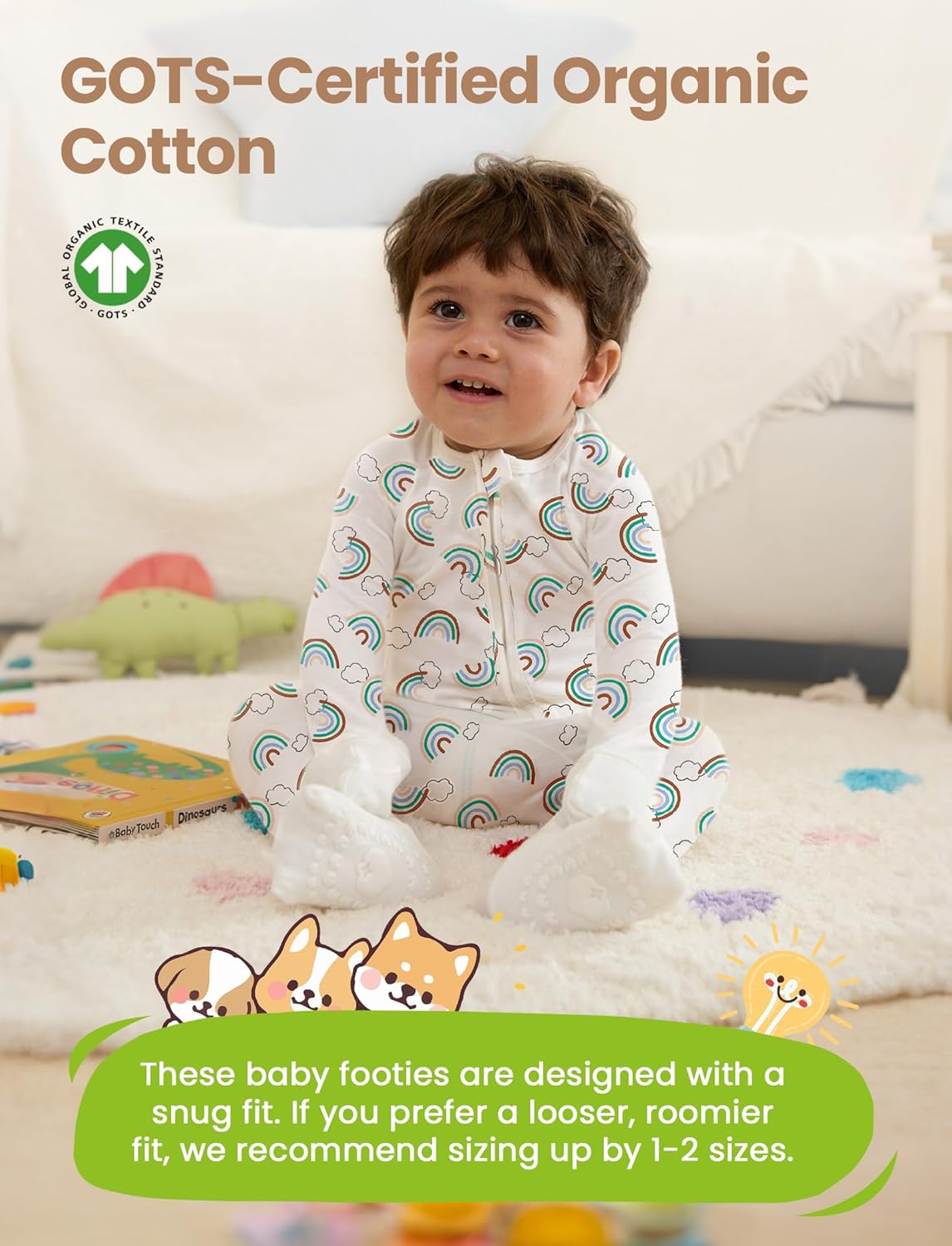 PATPAT Organic Cotton Baby Footie Pajamas with Two-Way Zipper & Fold-Over Mittens, Soft Stretchy Romper for Newborn Boy Girl, Rainbowland, 12-18 Months - Image 2