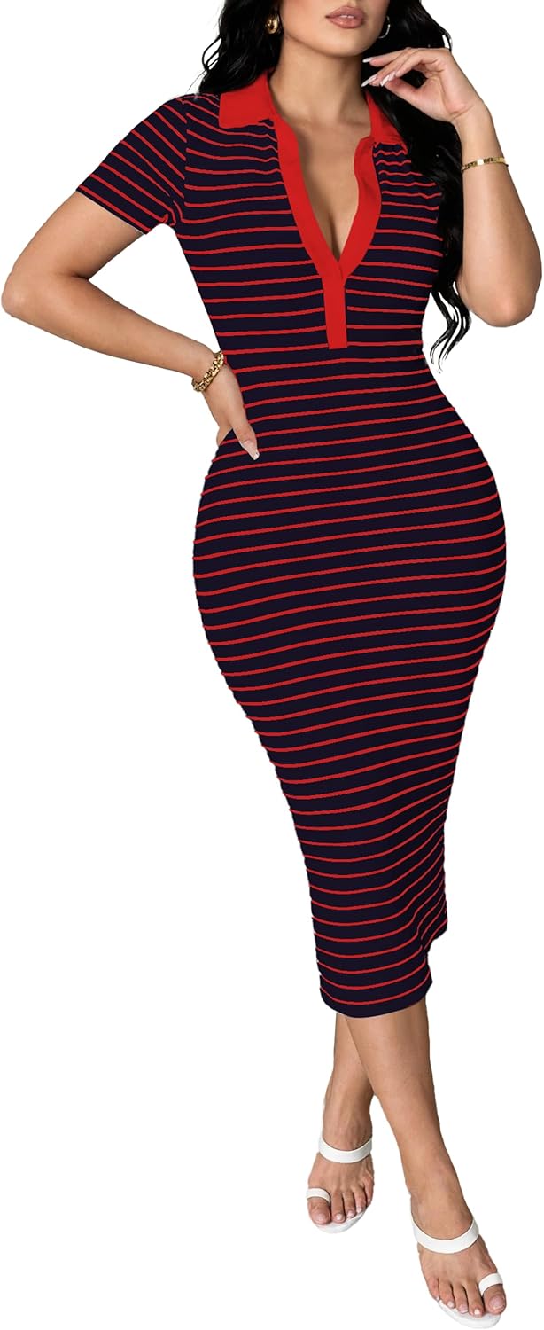 HBQ Women's Polo Collar Striped Midi Dress Ribbed Knit Bodycon Short Sleeve Dress Summer Slim Fit Dress