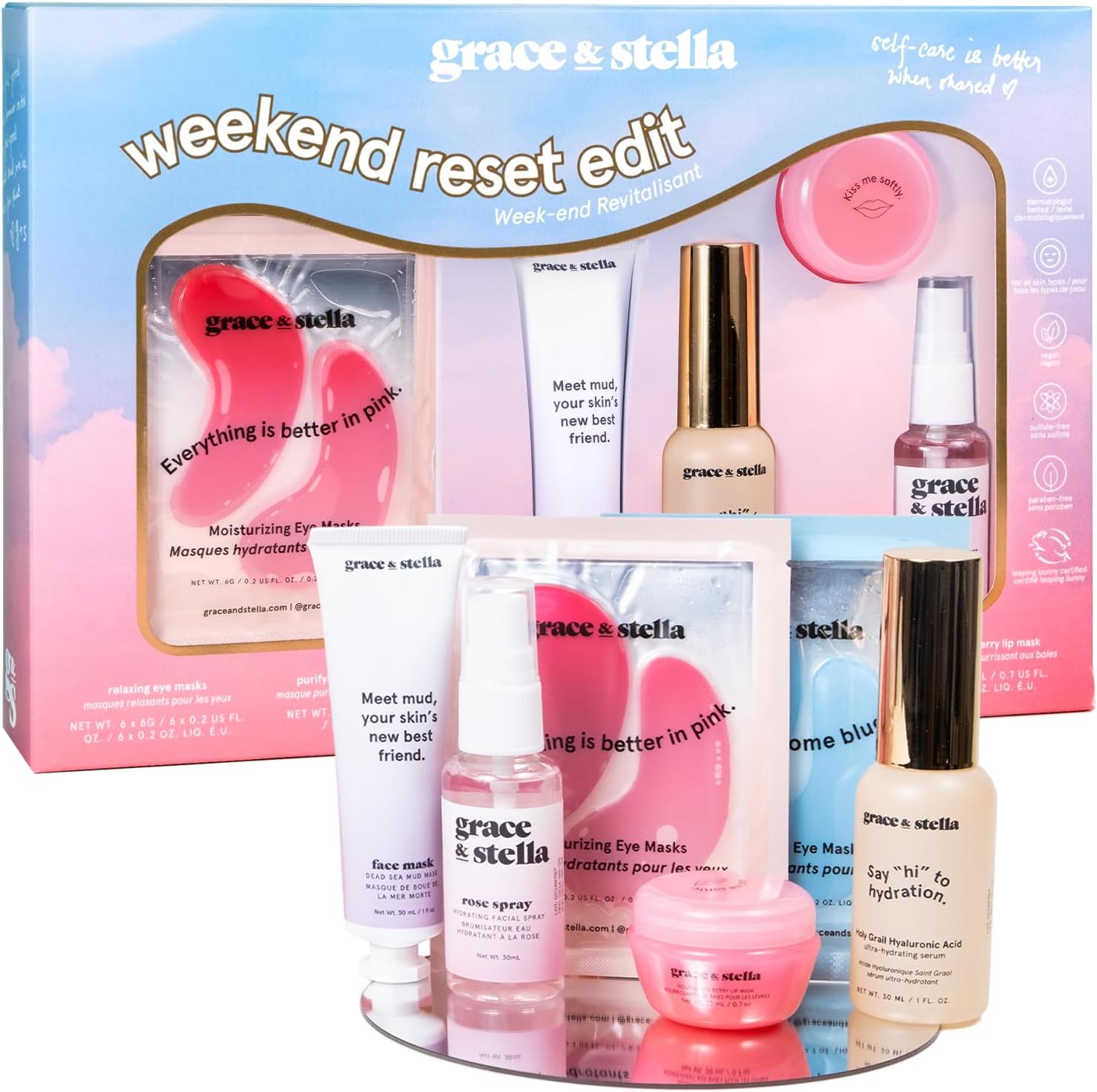 grace & stella Weekend Reset Beauty Gifts for Her - Personalised Gifts With Under Eye Masks, Hyaluronic Acid Serum, Mud Mask & More - Vegan Cruelty Free - Birthday Gifts Sets for Women