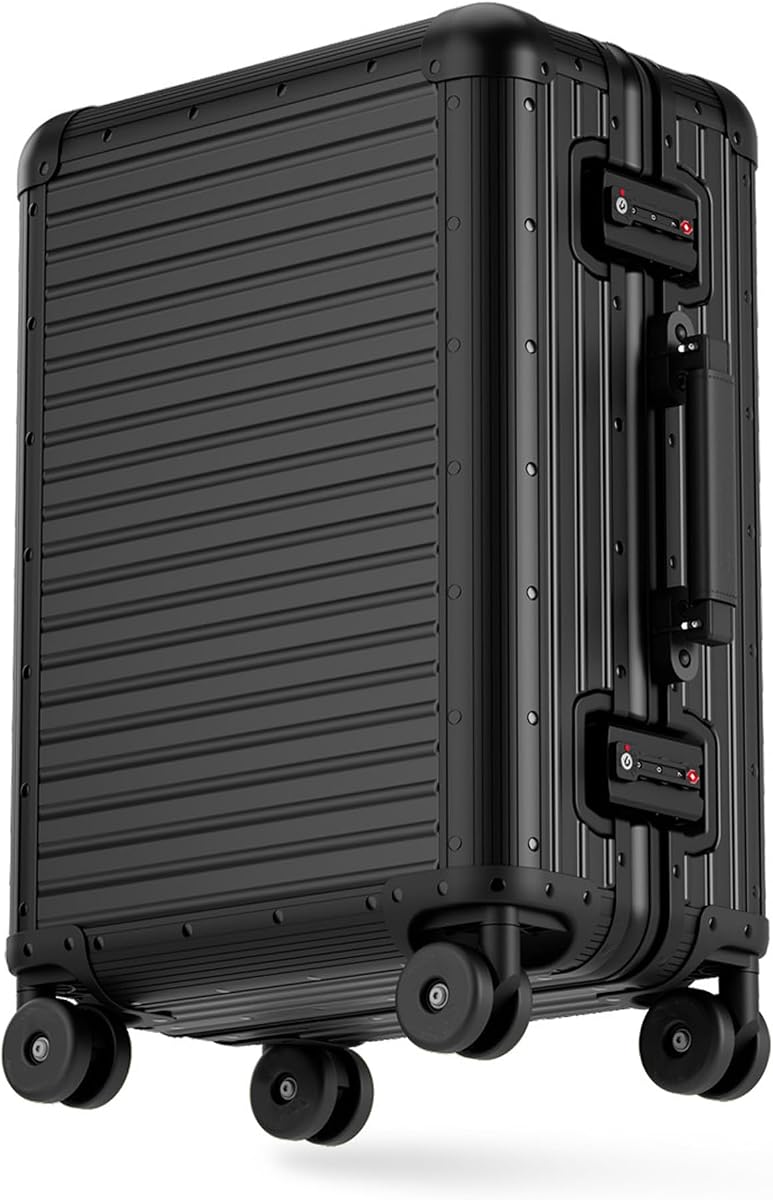 Equipaje de mano totalmente de aluminio, 22 x 14 x 9, aprobado por aerolíneas, maleta de aluminio sin cremallera, equipaje de mano rígido con candado TSA y ruedas de repuesto. (Negro, 20 pulgadas)