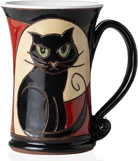 Handmade Ceramic Coffee Mug and Tea Mug - Black Cat Motif, 320ml, Craft Ceramic, Unique Handmade Design, Gift for Cat Lovers - Model 2