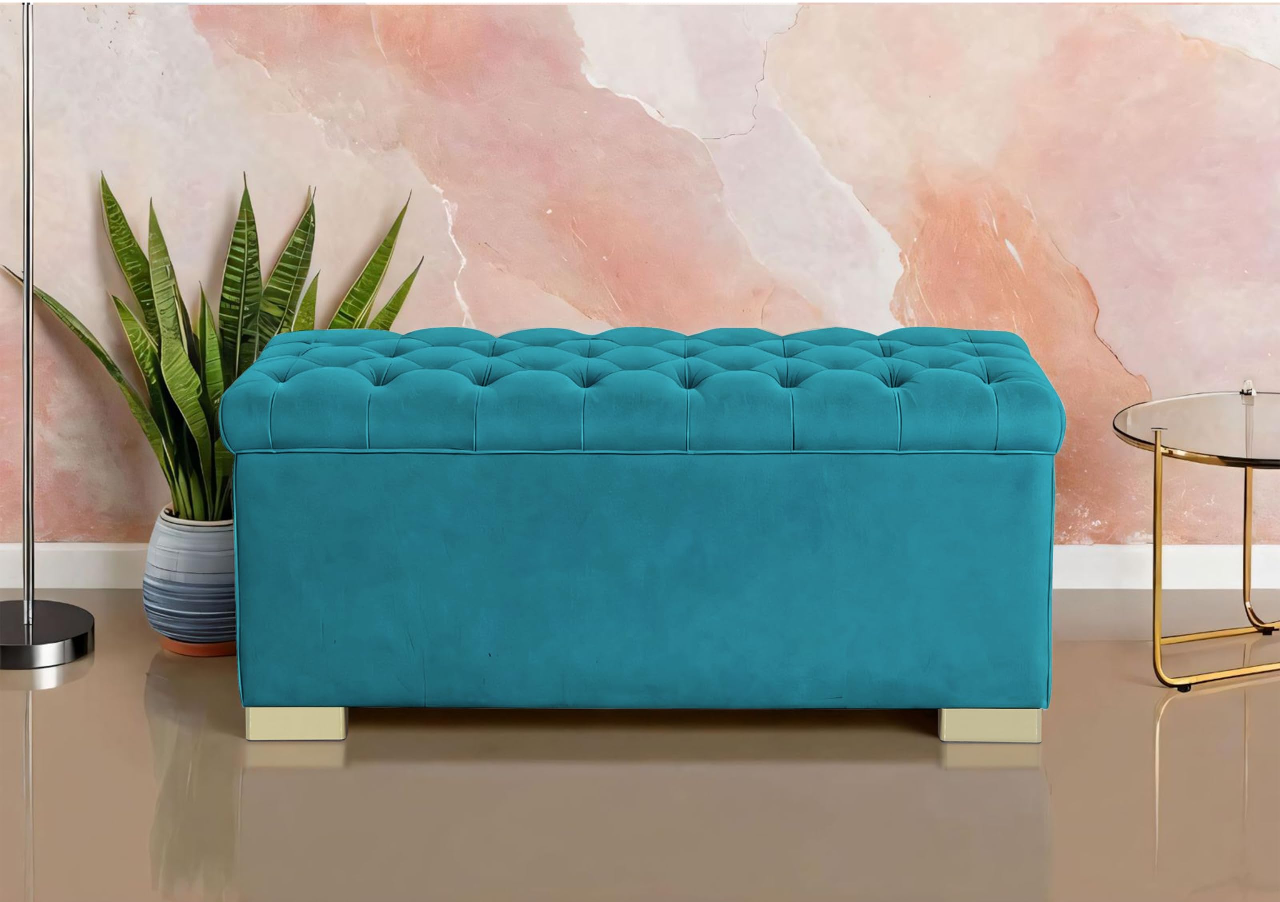 Adorn India Falcon Tufted 2 Seater Storage Ottoman Pouffe with Velvet Suede Fabric (Aqua Blue)-image-14