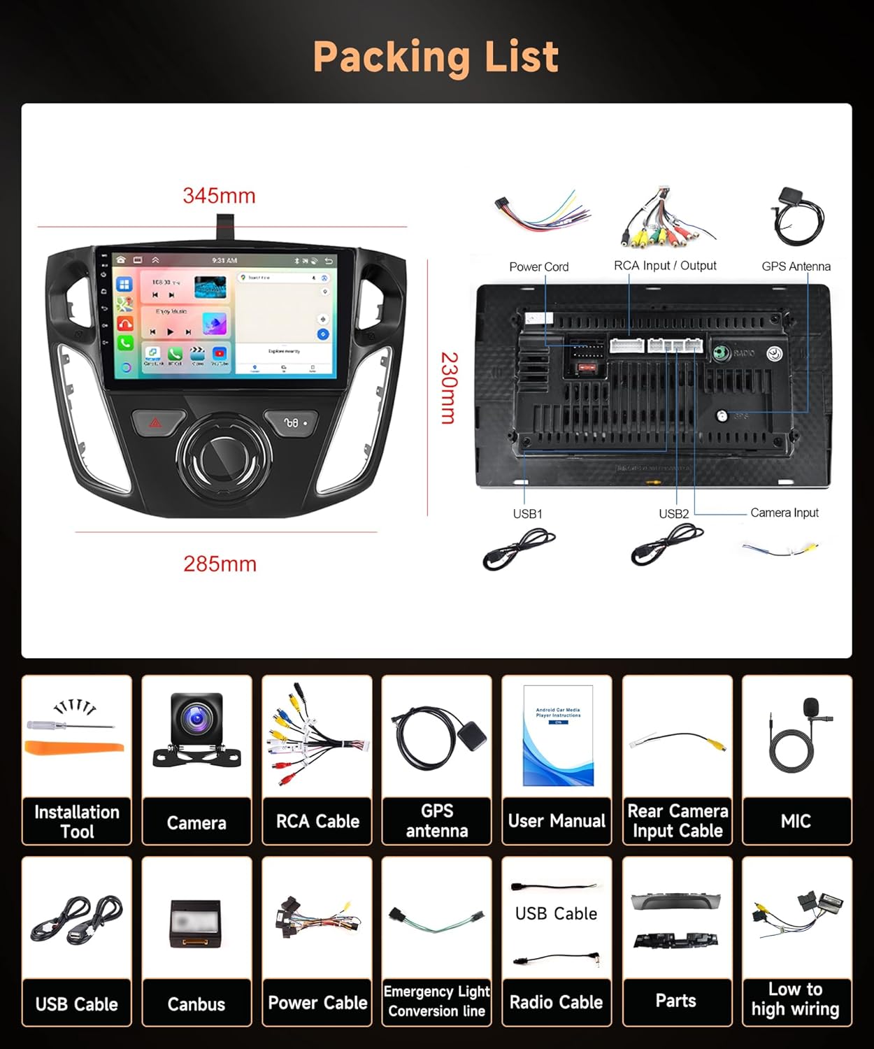 Rear view camera display on the car radio screen showing parking guidelines, with icons indicating waterproof, wide angle, and night vision features. Also shows the steering wheel control learning interface.