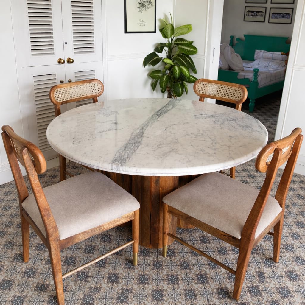 Round Marble Top Dining Table Set with 4 Wooden Chairs | Solid Wood Pedestal Base | Cane Back Dining Chairs with Cushioned Seat | Modern Luxury Dining Furniture for Home