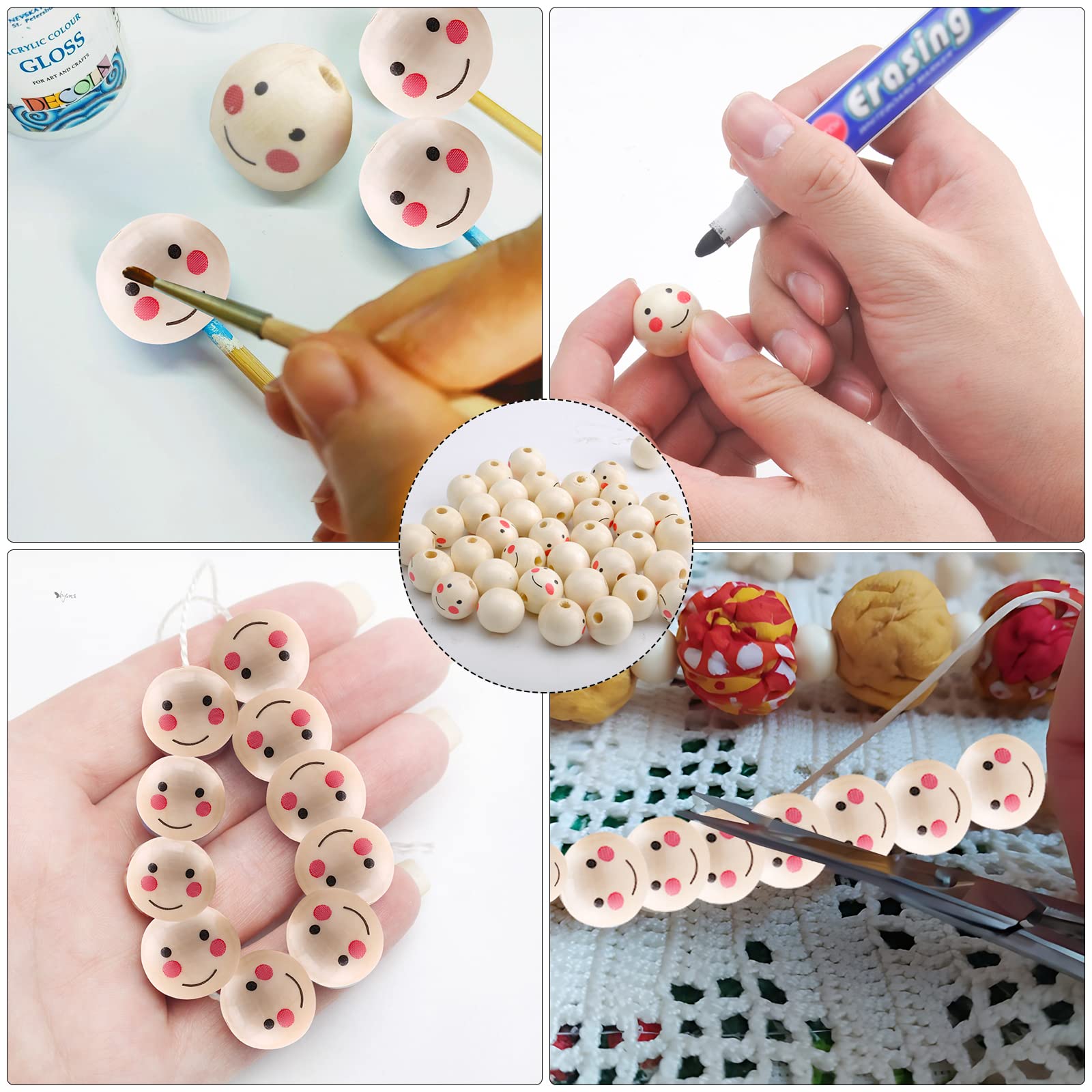 80 Perline Di Legno Con Faccine - 20mm, Per Bracciali, Collane, Fai Da Te - Foto 13