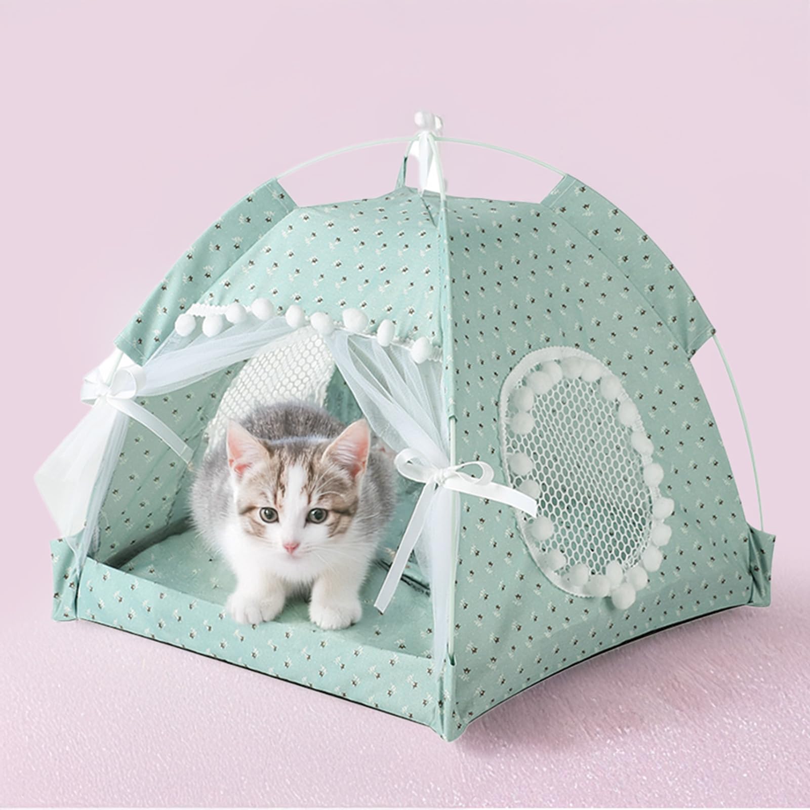 Cat Princess Tent Bed House Pet Tent for Indoor Cats with Soft Mat Kitten Cute Tent Indoor Cave Nest Bed (Green1,L(19.7IN*19.7IN))