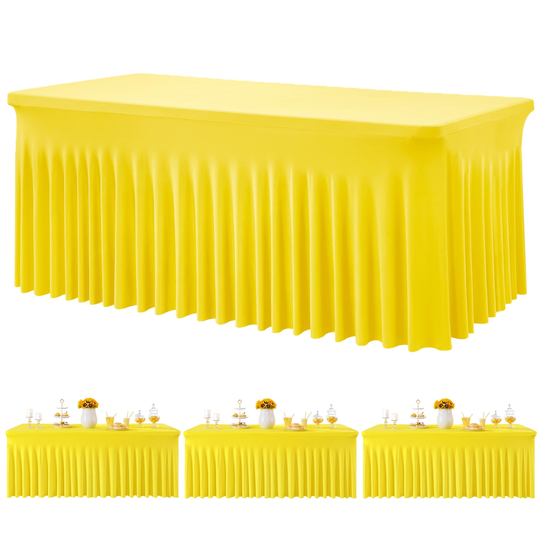 3 Pack Yellow Spandex Tablecloth for 6 Foot Rectangle Tables, Wrinkle Free Fitted Table Cloth Cover 6ft Yellow Stretchy Tablecloths with Skirt for Parties Weddings Birthday Banquet Baby Shower