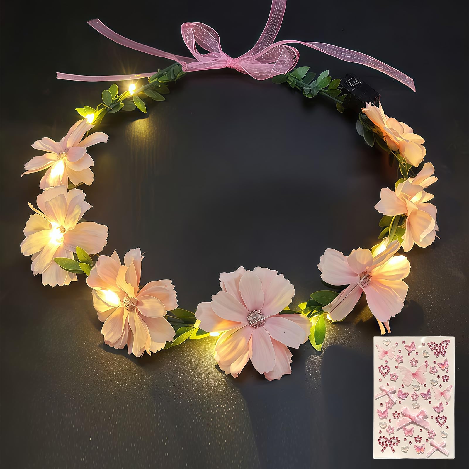 AWSOLAR 5PCS LED Flower Headband Light Pink Flower Crown Festival Accessories