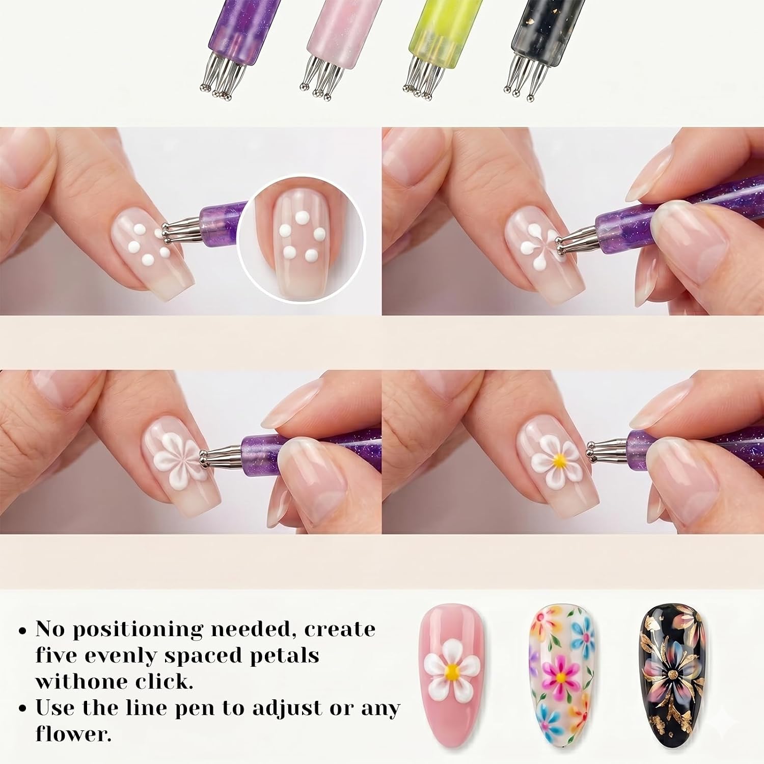 4 Pcs 5 Petal Flower Nail Dotting Pen Dotting Tool for Nail Art One Stroke Flower Design Tool Flowers Design Tools Fine Tip Rhinestone Pickers for Beginner Enthusiast Paint Sculpting DIY Salon Tracing
