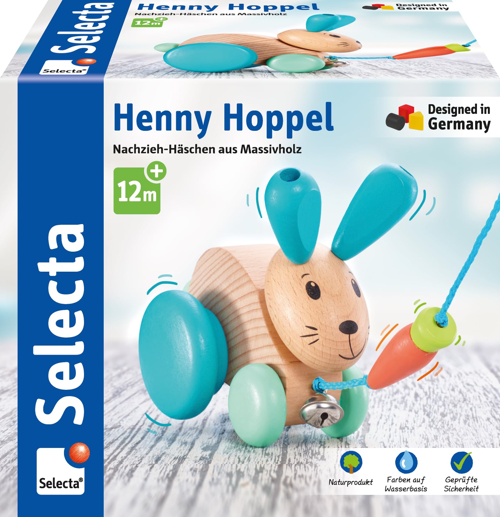Selecta 62100 Henny Hoppel Nachzieh-Hase aus Holz, 13 cm | Schiebe- und Nachziehspielzeug