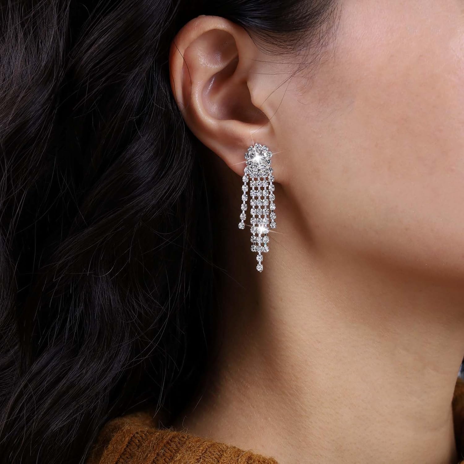 Vintage Crystal Tassel Drop Earrings Silver Cz Chain Earrings Rhinestone Chandelier Dangle Earrings Long Crystal Chain Earrings Jewelry for Women - Image 2