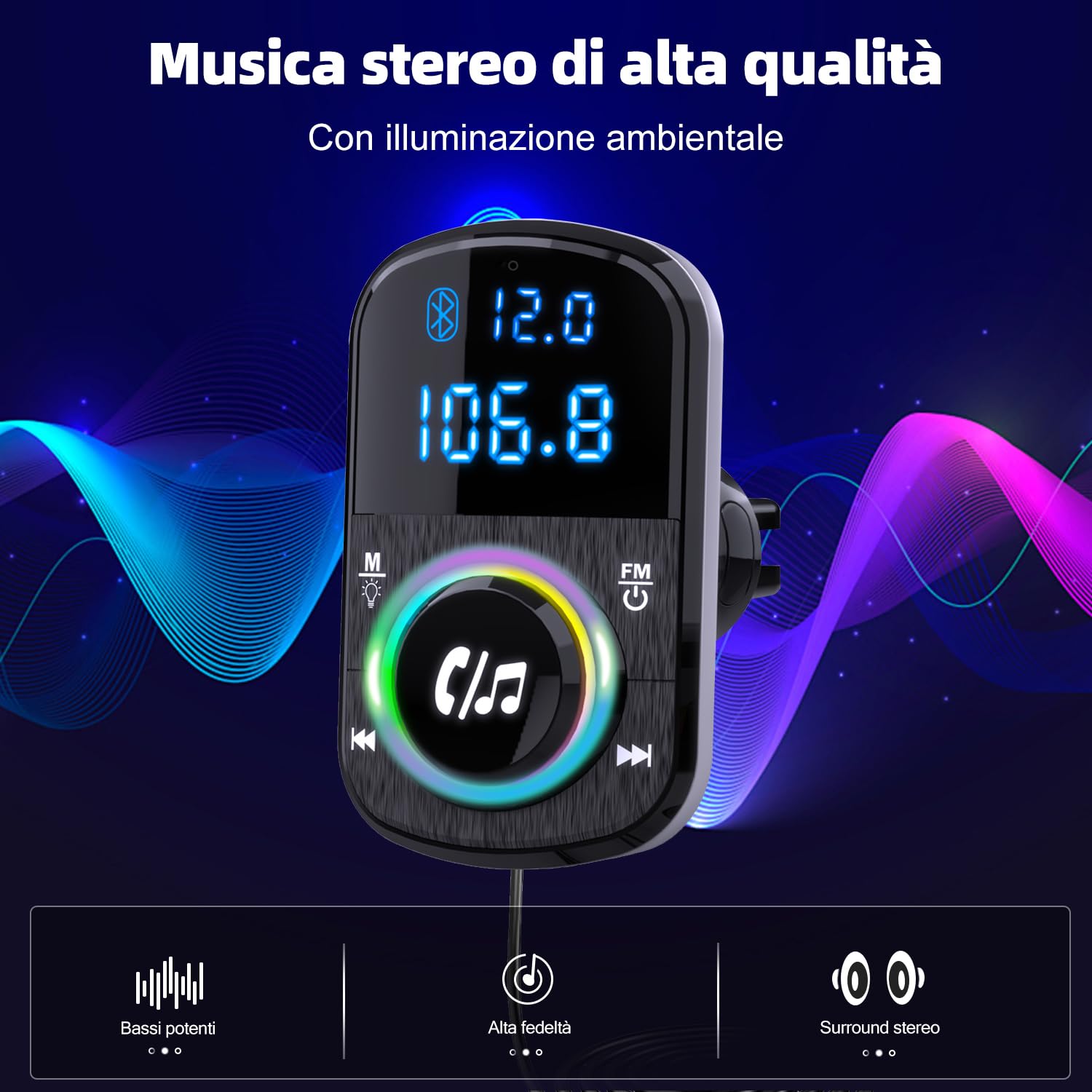 GizmoVine Bluetooth Coche, Transmisor FM, Soporte Manos Libres/QC3.0 y PD Cargador Rápido/Luz Ambiental/Base Autoadhesiva y Clip con Cable 1.1 - Reproductor de Música con Tarjeta BT/TF