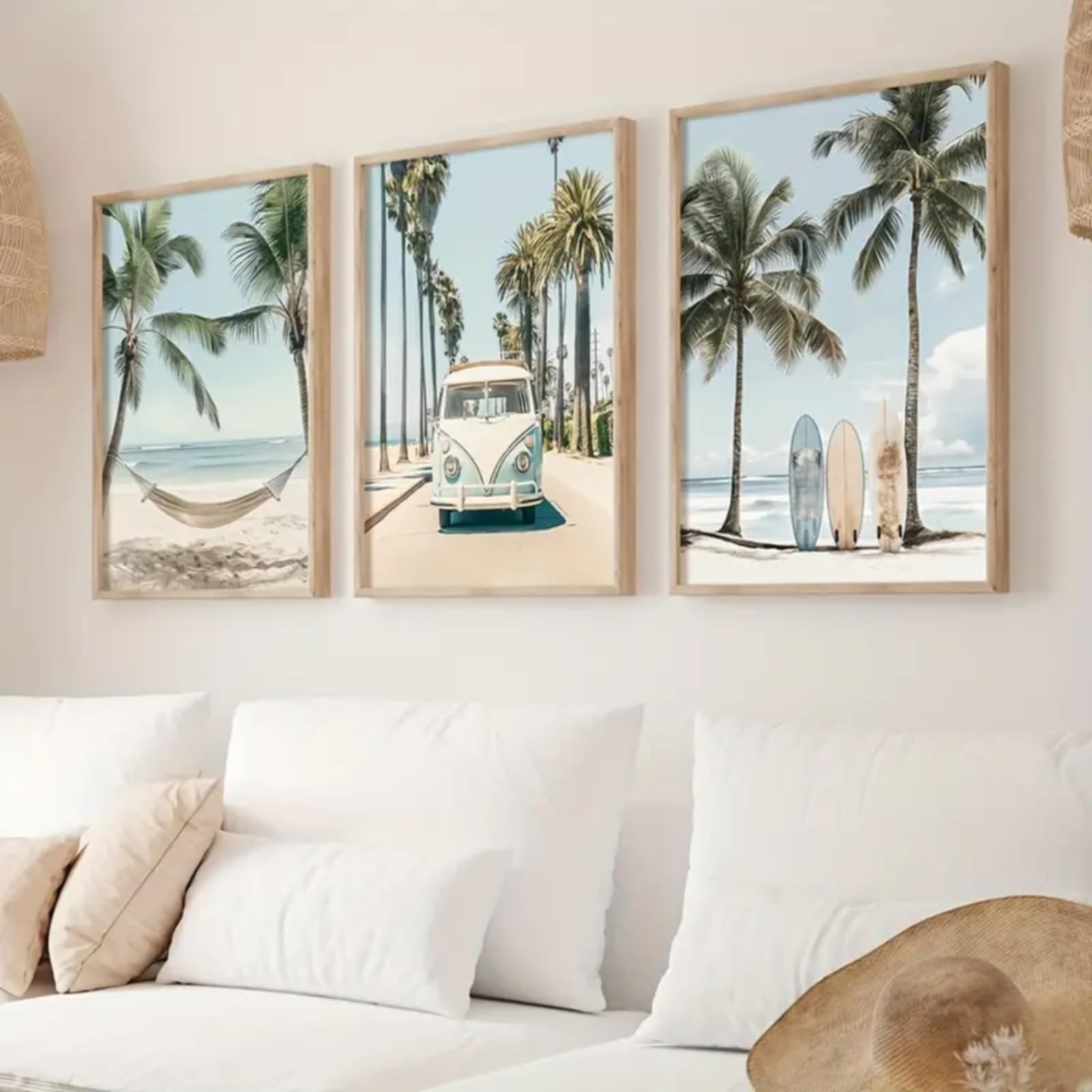 AMOSIJOY Set of 3 Beach Wall Art Prints, Tropical Palm Tree Ocean Posters with Surfboard, Vintage Hawaiian Summer Wall Decor, Coastal Beach Pictures for Bedroom Living Room (50 * 70cm)