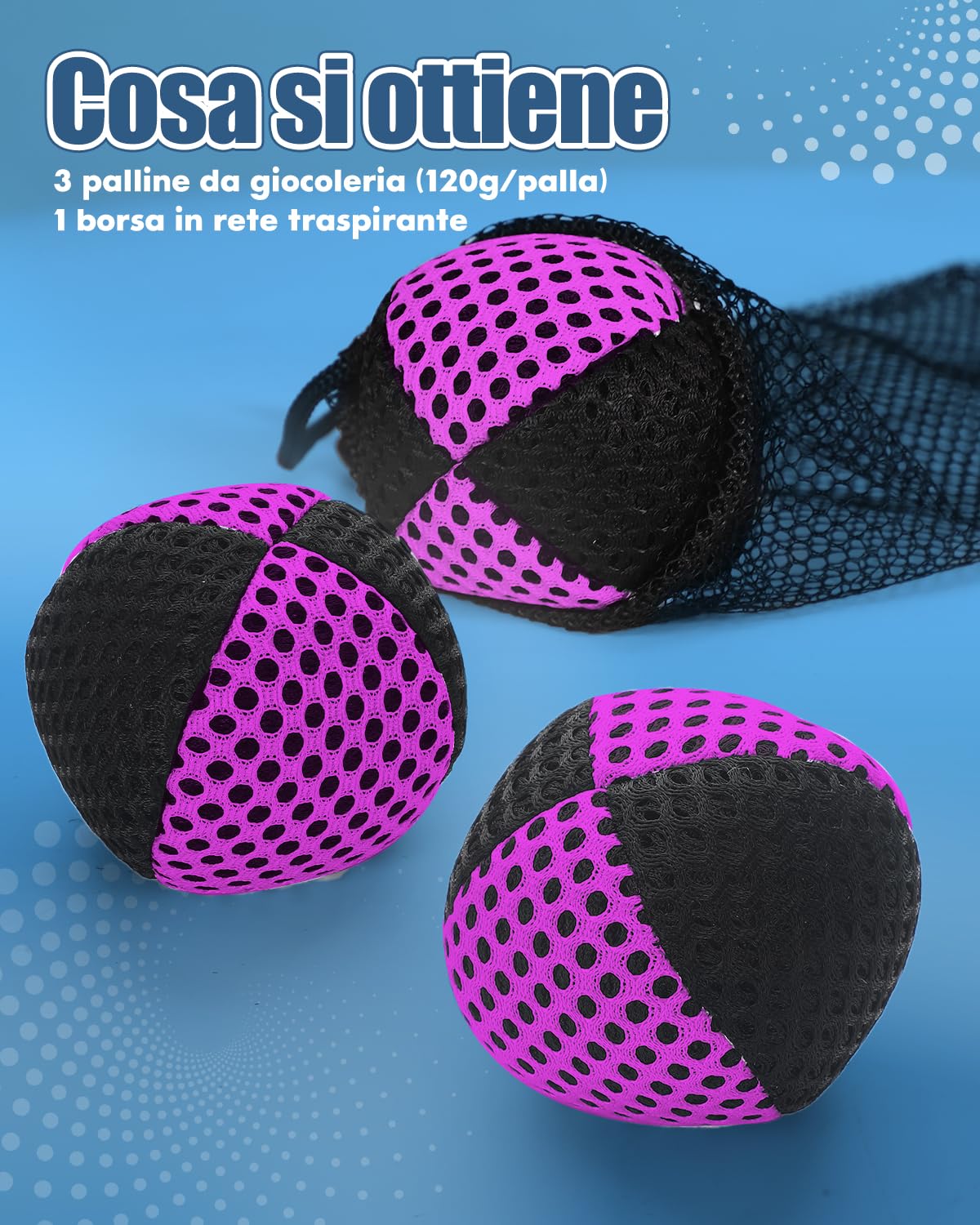 Palline da giocoliere per principianti e professionisti, 2 strati di rete e borsa per il trasporto, set da 3 palline da giocoleria da 62 mm, per bambini, viola/nero