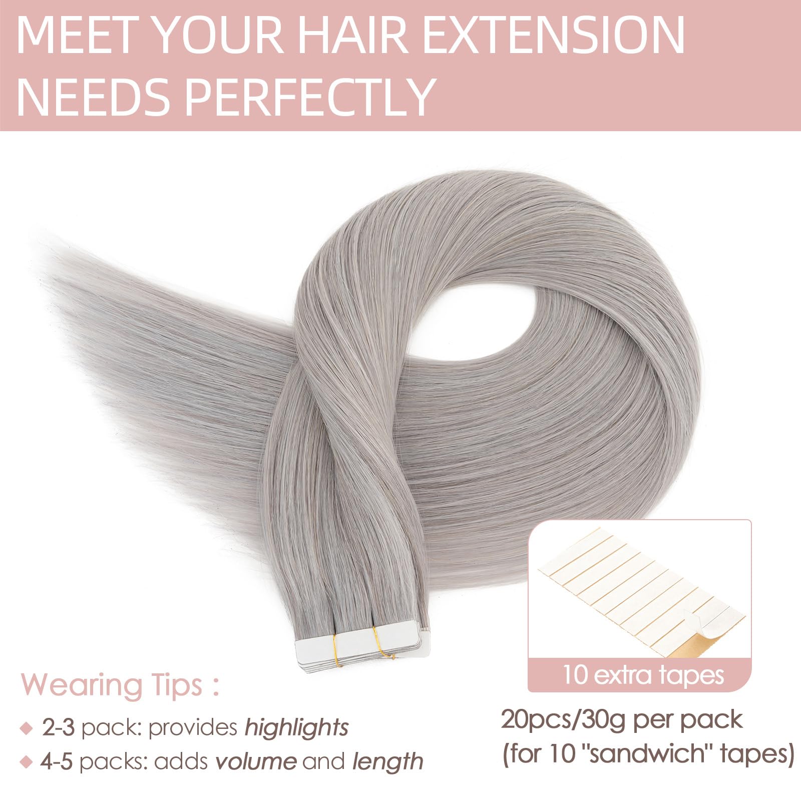 Silk-co Tape in Hair Extensions Remy Hair Extension Hair Pieces Silky Straight Human Hair Extensions Silky Soft Seamles 20 Pcs 20g/Set 14inch (20PCS)#Grey - Image 4