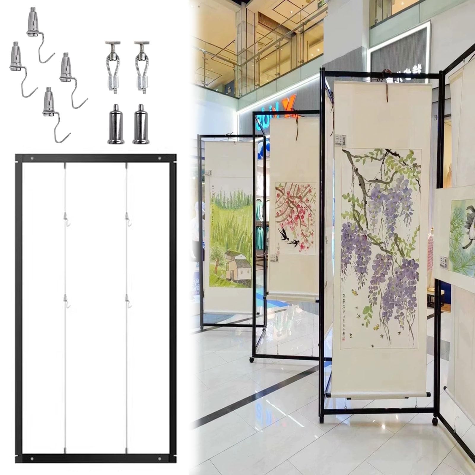 Cimaise pour Tableau Crochets de Suspension pour Cadres Photo, Présentoir de Calligraphie Pliable et Mobile, Support D'exposition Photographique Intérieur/extérieur(5pcs,60x150cm(23 5/8"x59"))
