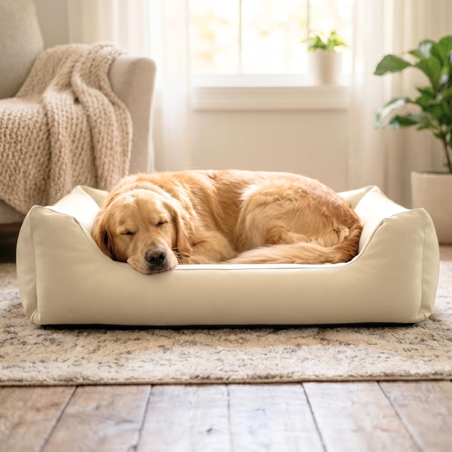 4L Textil Mario Cama Perro Ortopédica Polipiel Memory Foam Viscoelástica Impermeable Resistente Fácil de Limpiar Perros Grandes Premium 120x90 Beige
