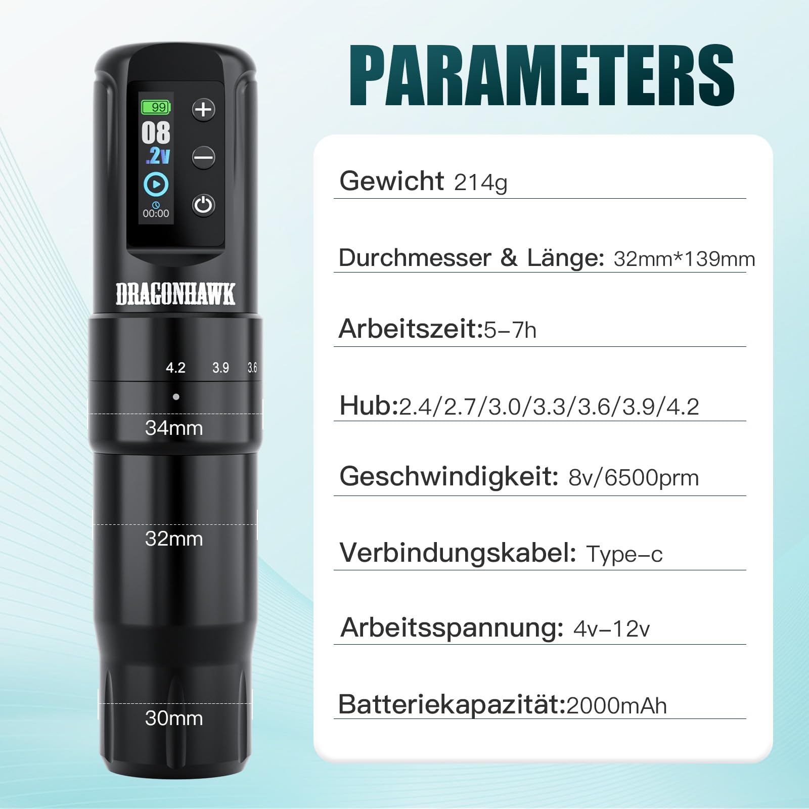Dragonhawk Atom2 Pro Tattoo Maschine Pen kabellose Tätowiermaschine Rotary Akku Tattoo Gun 7 Strokes Length 2000mAh Batterie für Tattoo Anfänger (MYWQP-082S) | Kabellose Tätowiermaschine mit 2000 mAh 2 Akkus Tattoo Nadeln Vibrationsarm Für Anfänge Linien