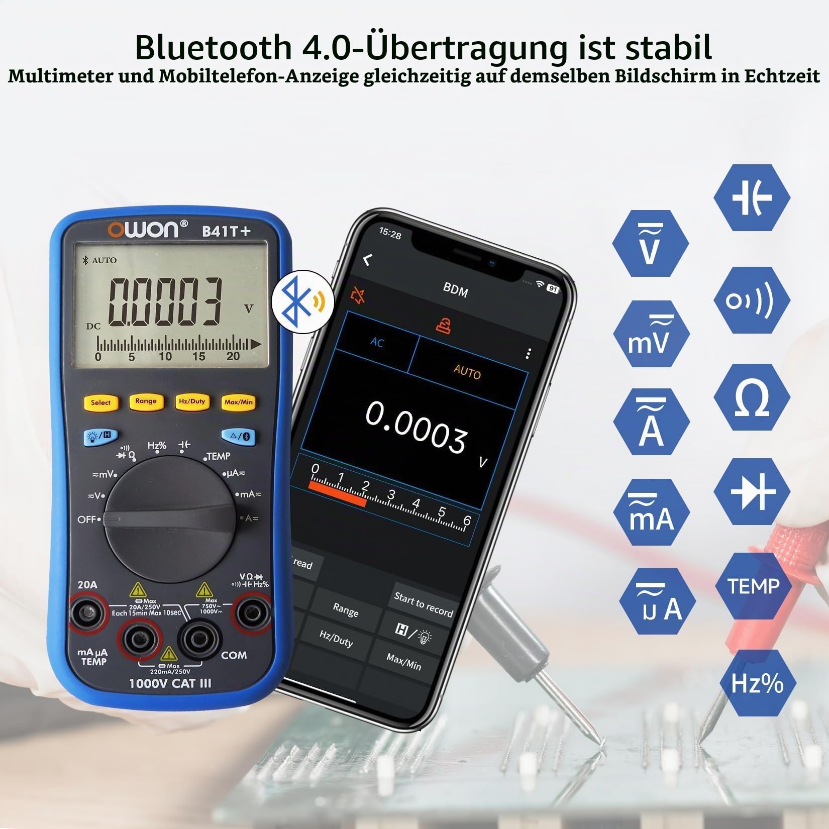 OWON B41T+ Bluetooth Digital Multimeter,22000 Counts Auto Ranging Digital 3 in 1 Multimeters with Bluetooth True RMS Backlight Test Meter for Electrical Testing