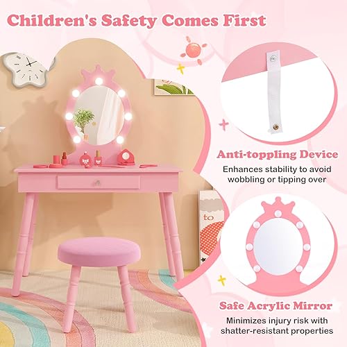 Miniatura 16 de HONEY JOY Vanity - Juego de tocador y silla de maquillaje de princesa con forma de corona con cajón, taburete acolchado para niños pequeños, espejo