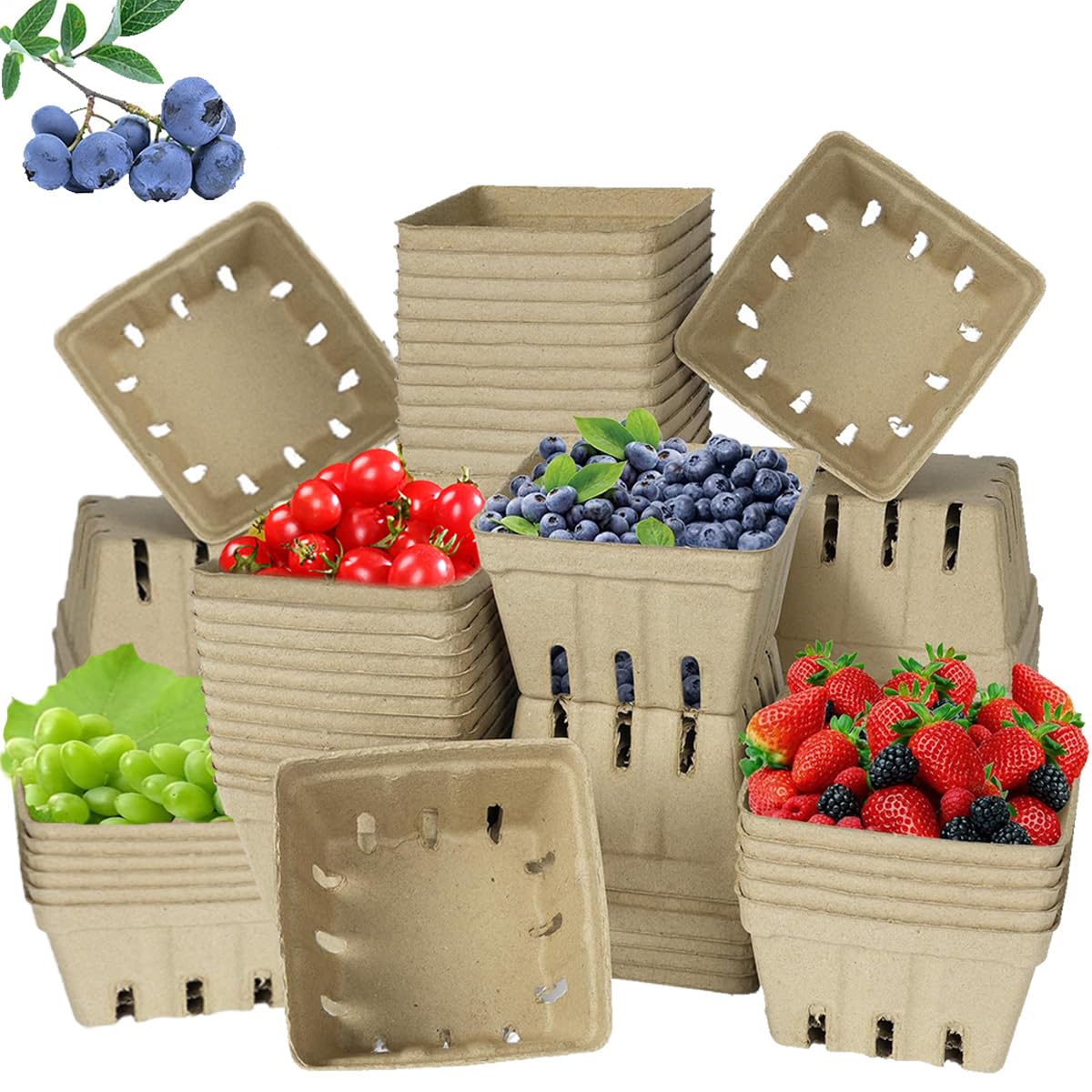 Photo 1 of 60 Pack Small Natural Pulp Fiber Berry Baskets – Eco-Friendly Vented Produce Containers for Strawberries, Blueberries, Raspberries, Fruits and Vegetables, Ideal for Grocery, Market, and Kitchen Use