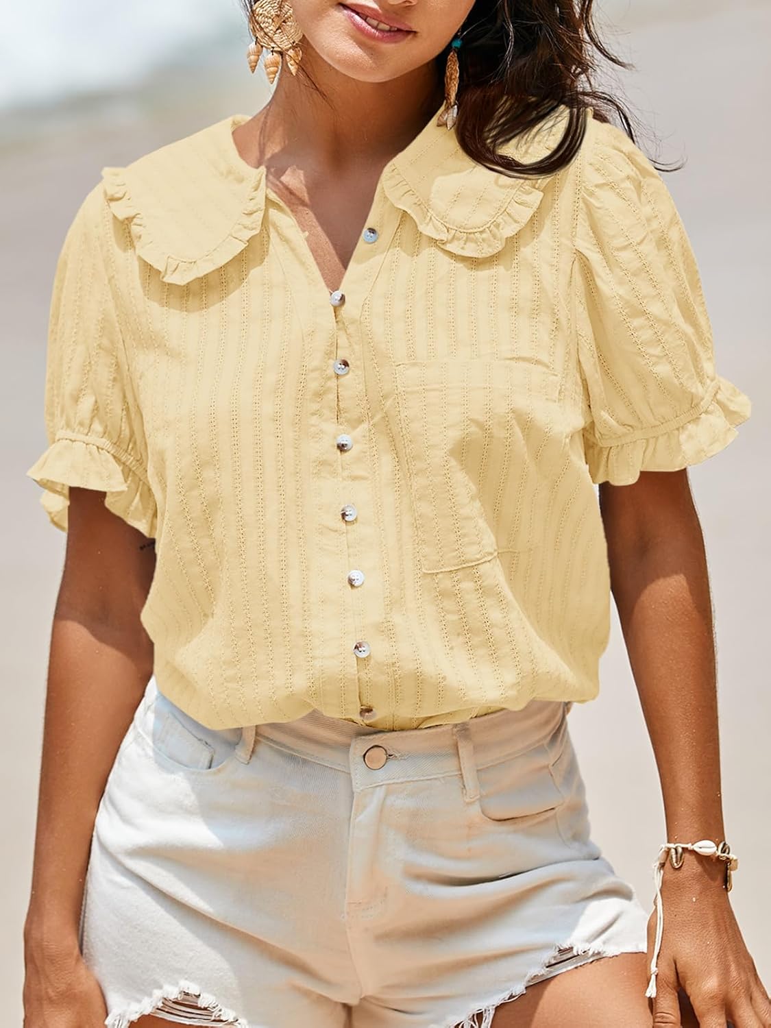 Tankaneo Womens Puff Sleeve Shirts Peter Pan Collar Button Down Cotton Blouse Casual Summer Textured Tops - Image 2