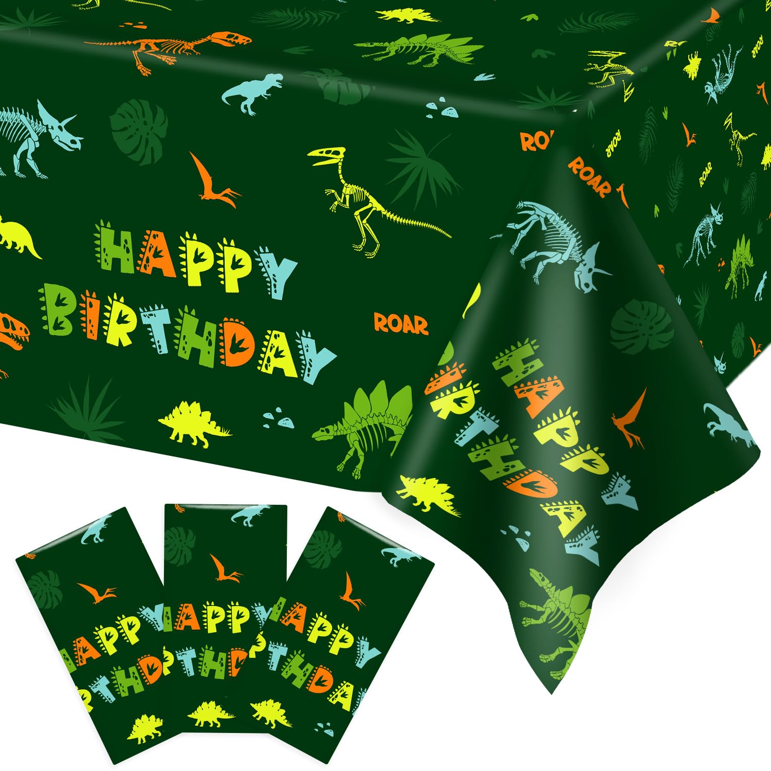 Heboland3 Pieces Dinosaur Tablecloth for Birthday Party Decorations, Dino Fossil Dinosaurios Table Cloths Rectangular 54 x 108 Inch for Kids