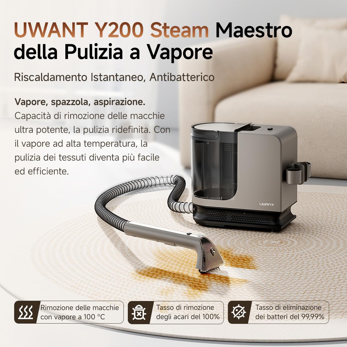 uwant Y200 Steam Lavamaterassi Lava e Aspira 1750W Lavatappeti E Divani Lava E Asciuga Igienizza 99.9% Pulitore a Vapore per Divani Tappezzerie, Tappeti 100°C Autopulizia 4 Testine