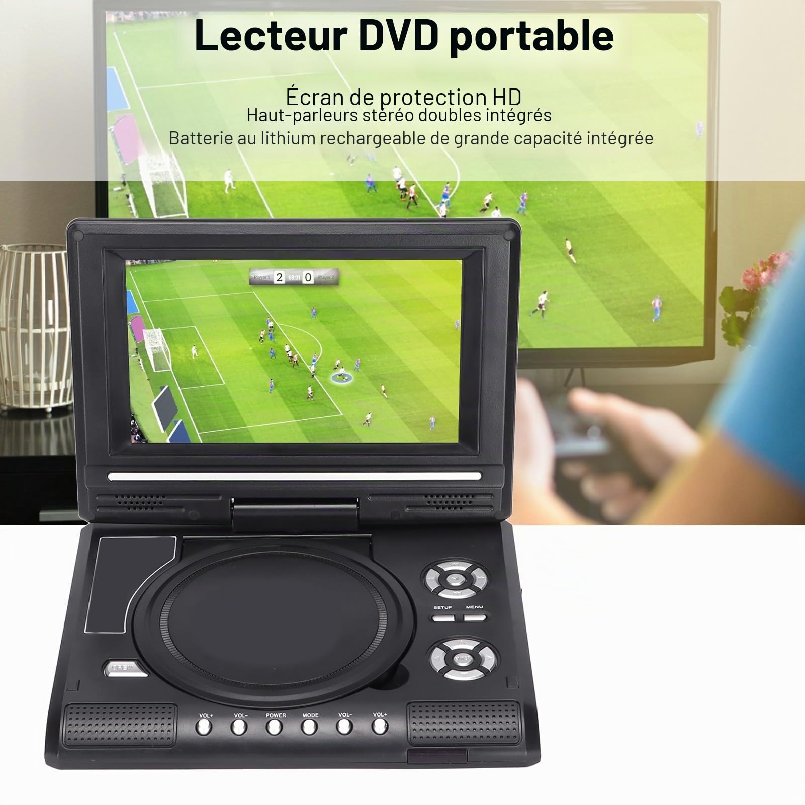 Lecteur DVD HD Portable avec écran Pivotant, Deux Haut-parleurs Stéréo, TV Analogique, Port USB, Lecteur de Cartes, Batterie Longue Durée, Rotation à 270°, Multifonction pour la