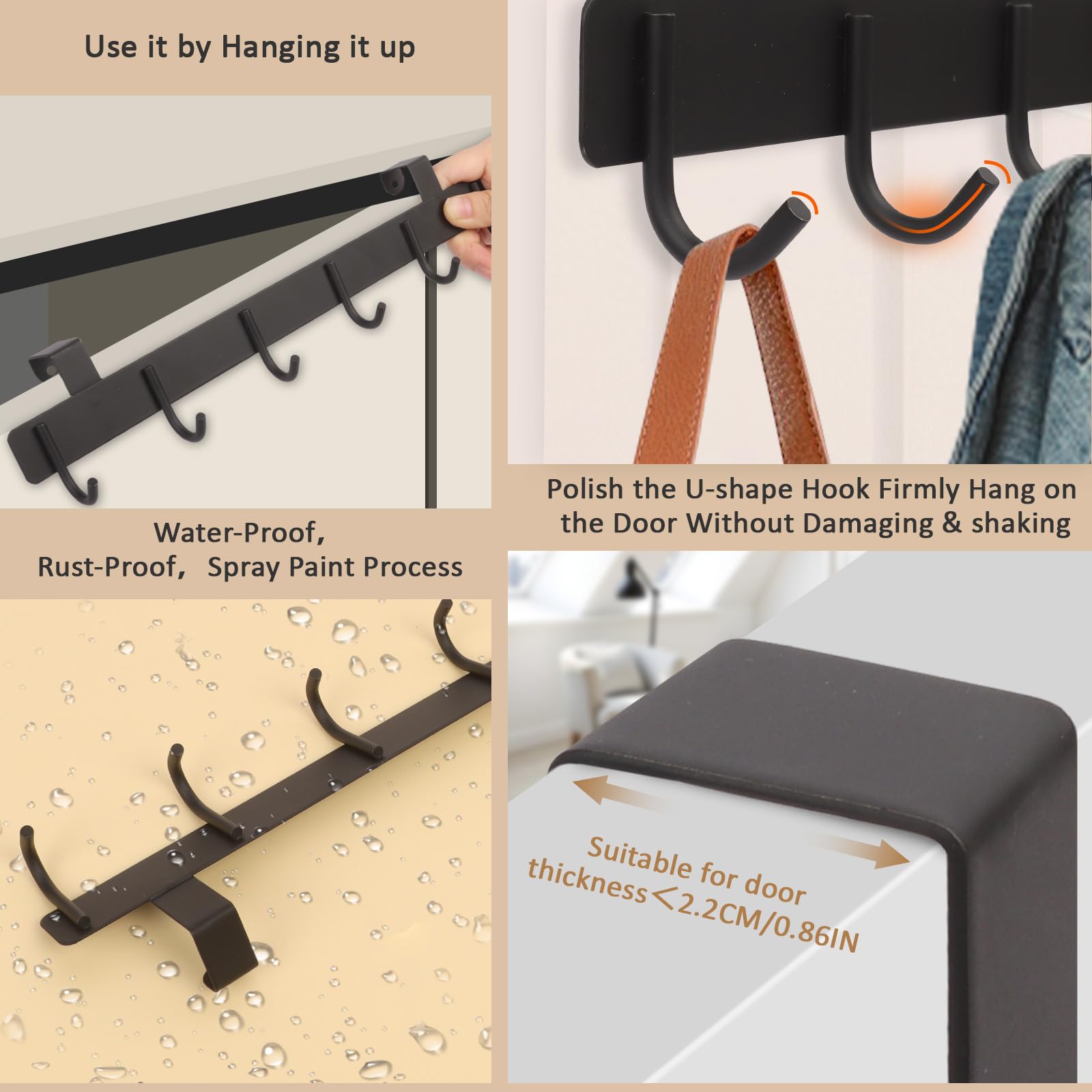 Srvillg 2PCS Door Hook Hanger, Over Door Hanger Hooks, Door Hanger Coat Rack, Back of Door Hooks for Coats Hats, Bags - Image 3